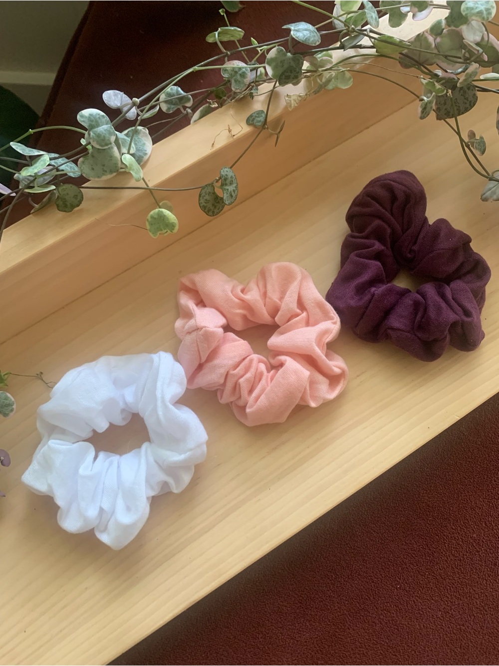 Girls Cotton Scrunchie Trio — White, Peach, Plum